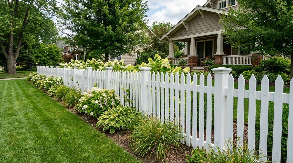 A classic white picket fence with narrow spacing between pickets, standing at three feet tall. This fence design defines garden boundaries while maintaining openness and visibility, ideal for front gardens and urban spaces with height restrictions.