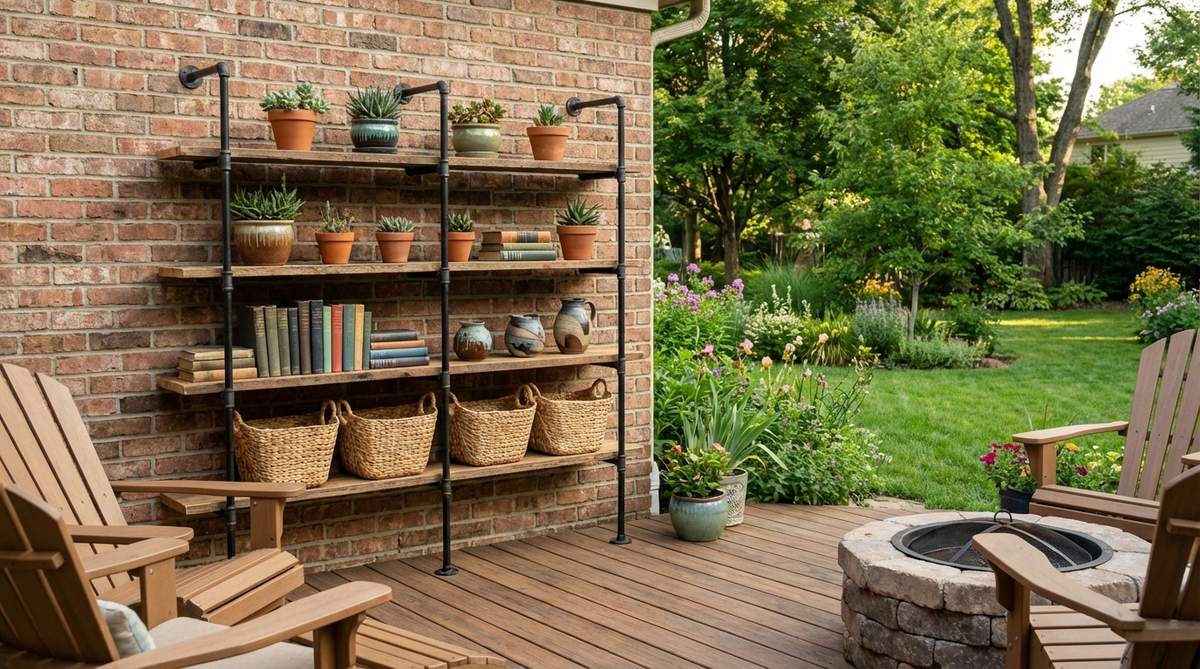 A DIY or pre-made shelving unit made from black iron pipes and reclaimed wood planks, styled with books, potted succulents, woven baskets, and handcrafted ceramics for open storage in industrial boho decor.
