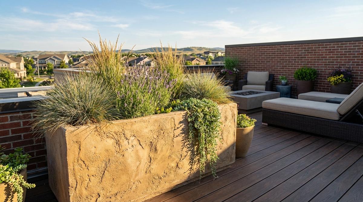 A durable and lightweight polystone composite planter, designed to mimic the appearance of natural stone while offering superior resistance to chipping and fracturing. Ideal for rooftop gardens, balconies, and other elevated spaces where traditional stone planters would be too heavy.