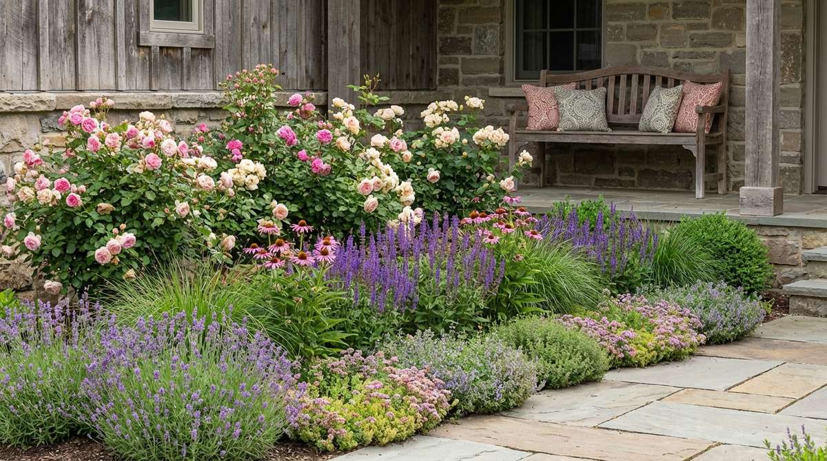 A three-tiered planting design along a cottage porch foundation, featuring shrub roses against the wall, mid-height perennials in the middle, and low flowers or herbs at the edge, providing continuous seasonal blooms and softening architectural lines.