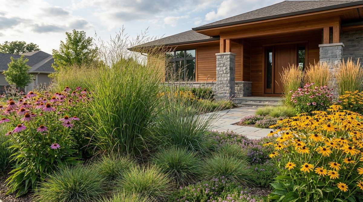 A modern front yard garden featuring a prairie-style meadow entry with tall native grasses like switchgrass and little bluestem, mid-level perennials such as coneflowers and black-eyed Susans, and groundcovers like sedges and creeping thyme in a three-tier structure that mimics natural prairie ecosystems.