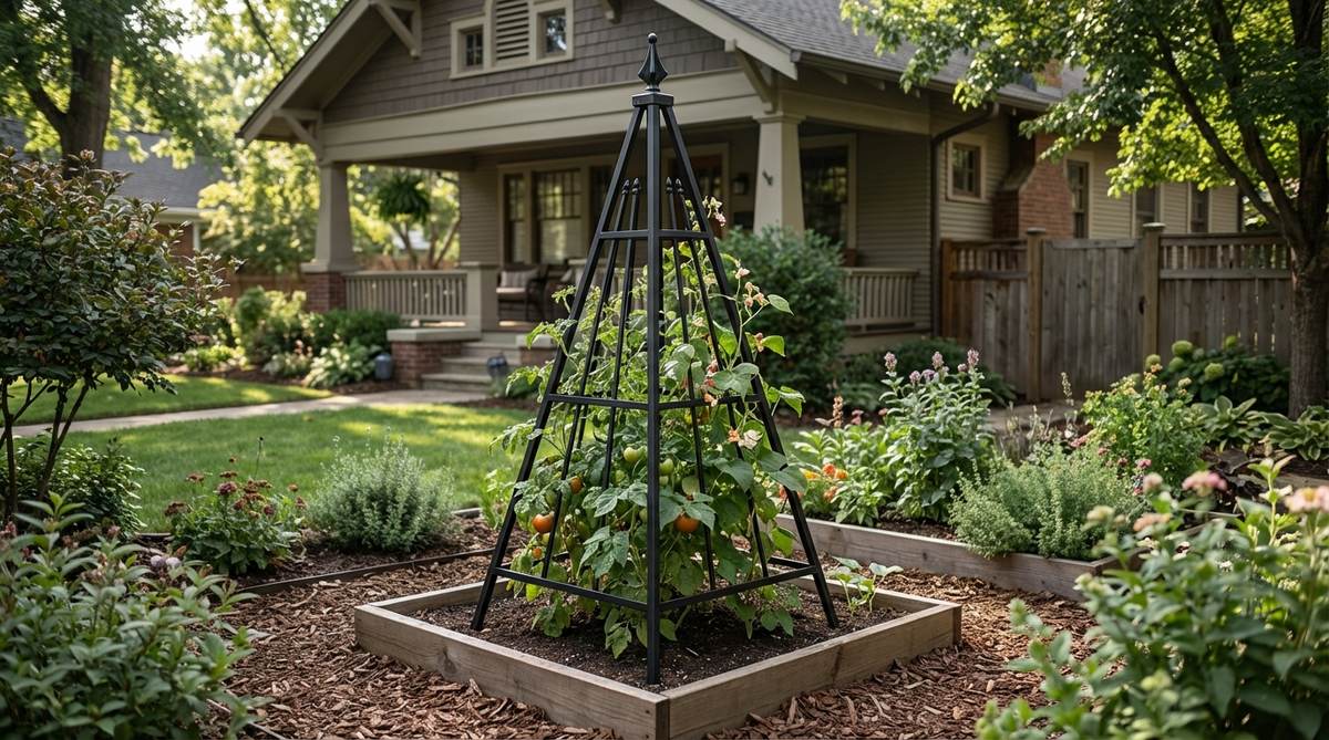 A four-sided pyramidal steel tuteur with decorative finials, shown supporting climbing plants like tomatoes or pole beans in a garden setting. The powder-coated finish in matte black or verde green provides sturdy vertical support while blending into the background.