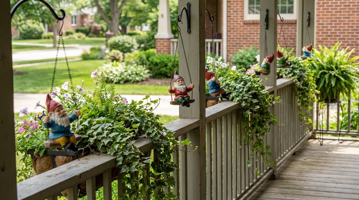 Miniature garden gnomes swinging gently from porch rail hooks, creating a dynamic display with alternating heights and framed by trailing plants in rail planters. This vertical arrangement adds kinetic interest to outdoor spaces with limited floor room.