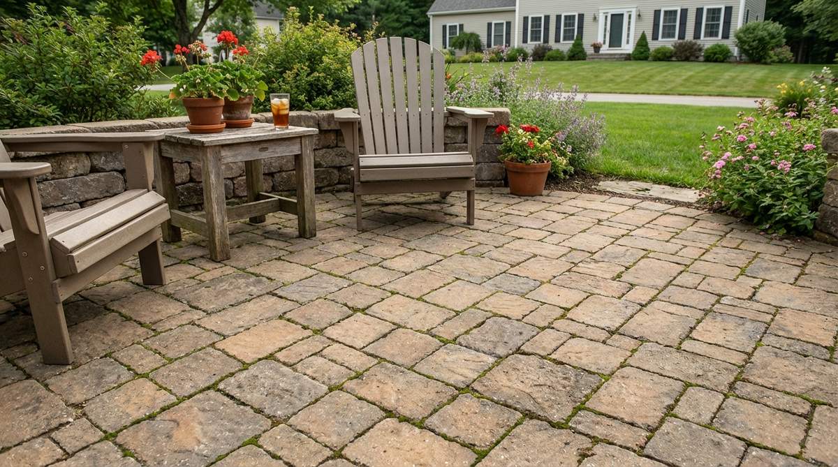 A close-up image of a small garden patio showcasing a random three-size paver pattern with 6x9, 6x6, and 9x9 pavers in a non-repeating layout, creating an organic, Old World appearance with tumbled finishes.