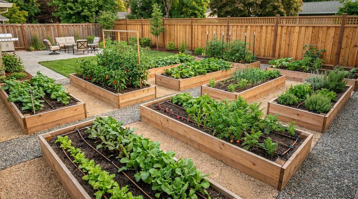 A diagram showing 4x8-foot rectangular garden beds arranged in a grid formation with 2-foot-wide gravel or decomposed granite pathways between them, illustrating efficient crop rotation, drip irrigation, and scalable modular design for contemporary gardening.