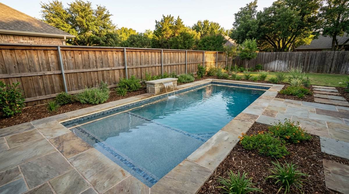 A rectangular plunge pool measuring 12x6 feet with a built-in bench ledge along one short end, designed for small gardens to maximize space and provide shallow seating for children or relaxation. It fits parallel to property lines, includes LED lighting and water features, and has a depth of 4-5 feet for efficient heating and adult immersion.
