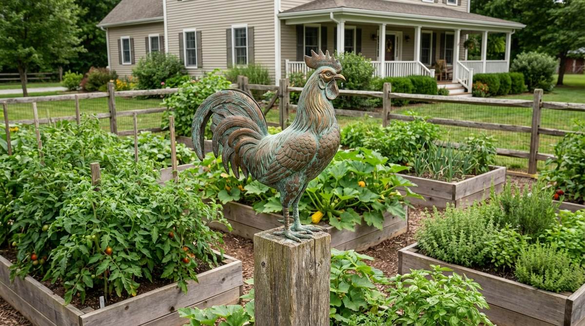 A ground-mounted rooster sculpture in copper or brass, designed as a traditional weathervane for garden decor, ideal for farmhouse aesthetics near vegetable gardens or herb beds.