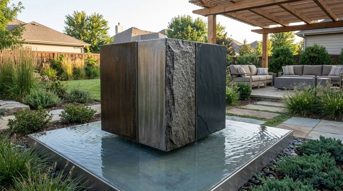 A modern garden fountain featuring a perfectly balanced cube rotating on a thin film of water, powered by hydraulic pressure. The cube's slow rotation reveals different surface textures while demonstrating fluid dynamics principles, creating a mesmerizing visual effect in contemporary outdoor spaces.