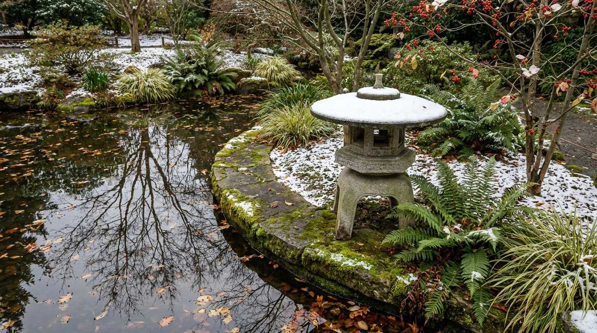A Japanese garden lantern with a circular roof (kasa) carved from single granite pieces, creating gentle shadows and allowing snow to accumulate evenly. This yukimi variation features smooth edges that complement naturalistic pond contours and informal garden styles, often placed near curved pond banks or cascade features to echo ripple patterns and soften geometric paving.