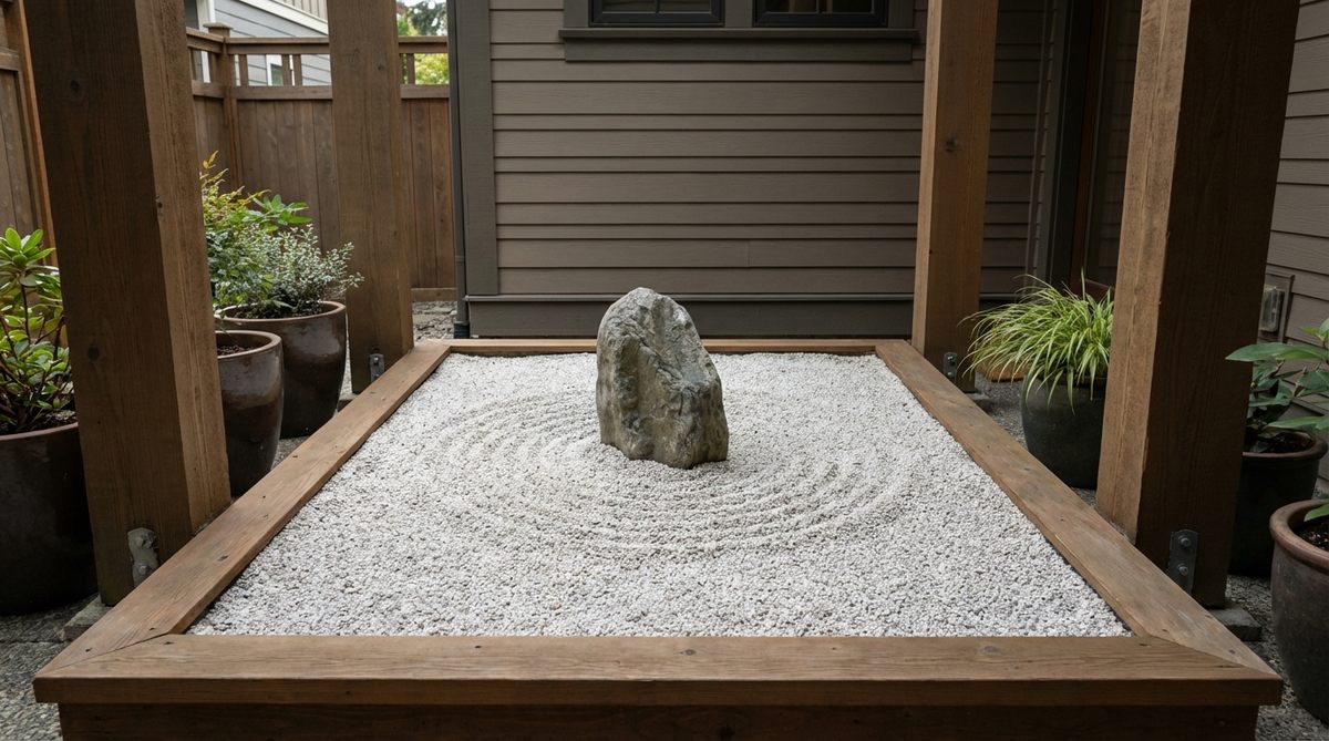 A close-up view of the smallest rock garden at Ryogen-in Temple, measuring just over one square meter, featuring a single stone rising from white sand within a confined courtyard space. The architectural framing of surrounding buildings creates a picture-frame effect, highlighting the minimalist design principles of Japanese karesansui gardens.