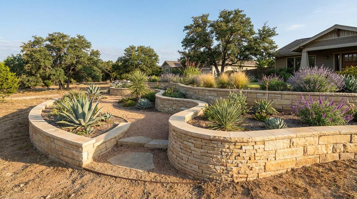 A beautifully constructed sandstone curved retaining wall showcasing warm beige and tan tones that complement desert and Mediterranean plantings. The wall demonstrates smooth flowing curves achieved through careful dry-fitting of courses, with smaller stones used on tighter radius sections. This xeriscape-friendly design naturally echoes surrounding geology while providing structural support for garden terraces.