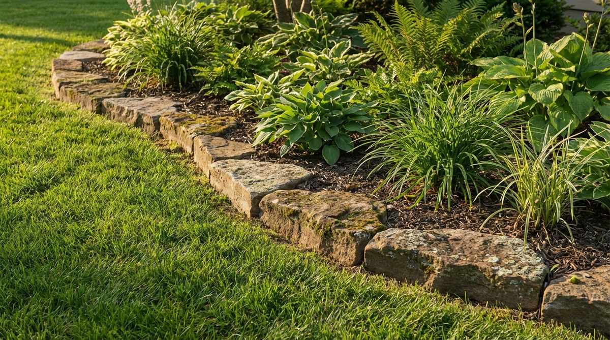 A close-up photo showing rough-split sandstone pieces with one natural edge used as garden edging. The stones vary in thickness from 1 to 4 inches, creating an informal, organic border between a lawn and planting bed. The natural weathered edge faces outward while the cut edge is buried, highlighting the rustic texture of the sandstone.