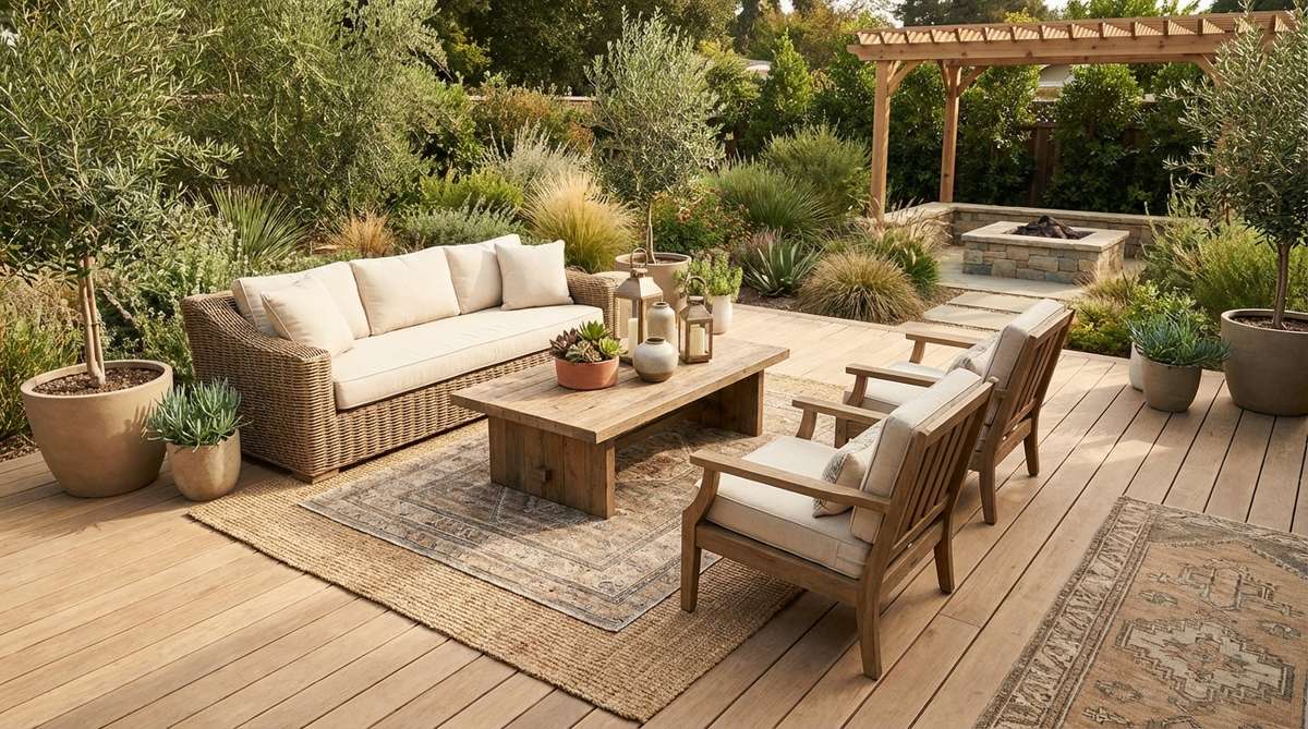 Light wood flooring in sandy tan shades creating an airy foundation for earthy boho decor. Features wide planks in pale wood tones like oak or pine, reflecting natural light while providing warmth underfoot, with layered rugs and furniture in a bright, open space.