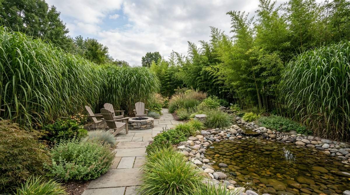 A tranquil garden sanctuary enclosed by tall, swaying bamboo or ornamental grasses, creating a living screen that provides privacy and a calming atmosphere with soft rustling sounds from the foliage.