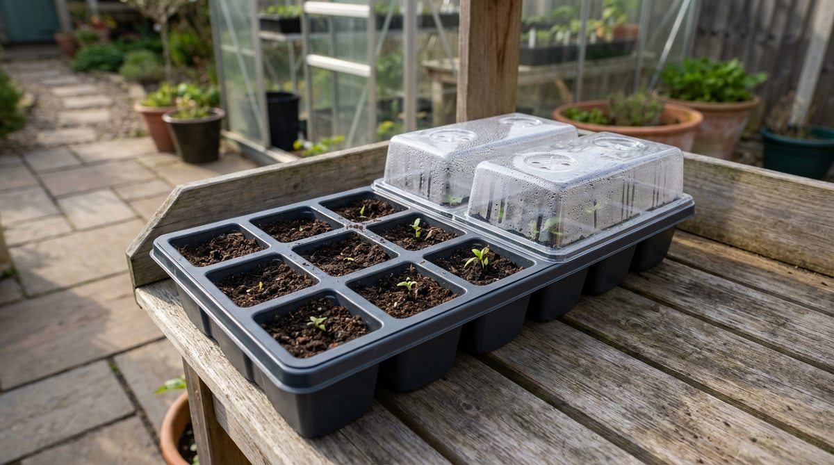 A durable, non-toxic plastic seed starter tray with twelve cells, each approximately 1.5 inches square, ideal for medium to large seeds like tomatoes, peppers, and brassicas. Features transparent humidity domes for monitoring germination progress, perfect for 4 to 6 weeks of indoor growth in a mini garden greenhouse setup.