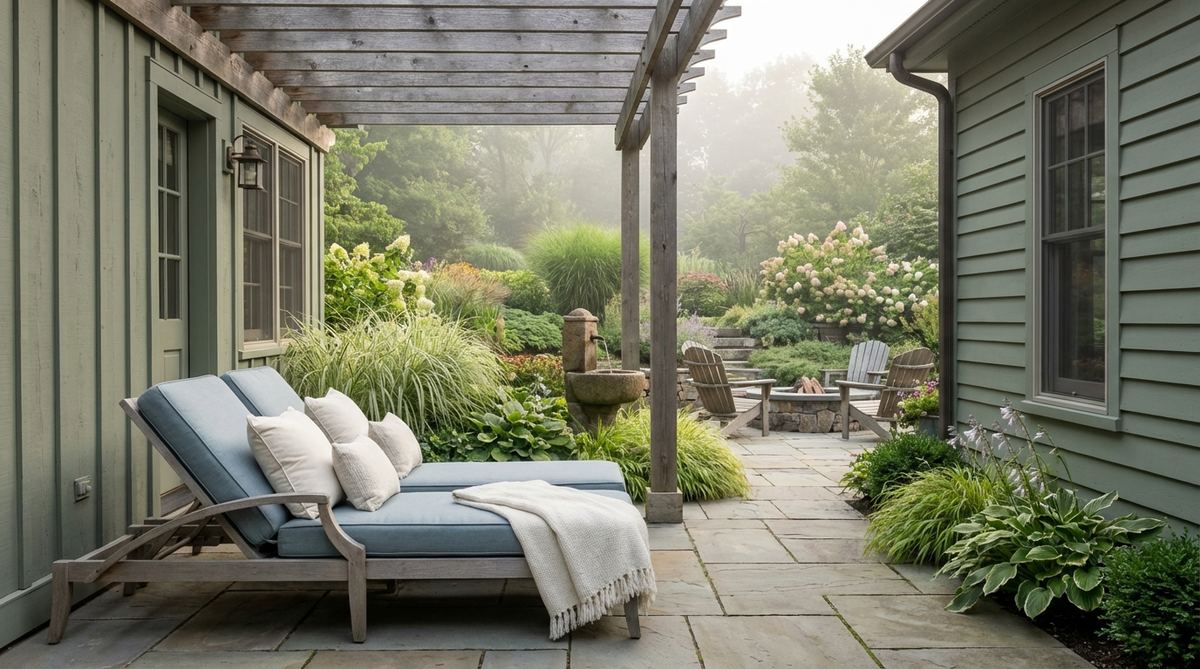 A peaceful bedroom or bathroom featuring muted sage green walls, stone blue furniture, and soft ivory accents, creating a calming atmosphere reminiscent of misty morning landscapes.