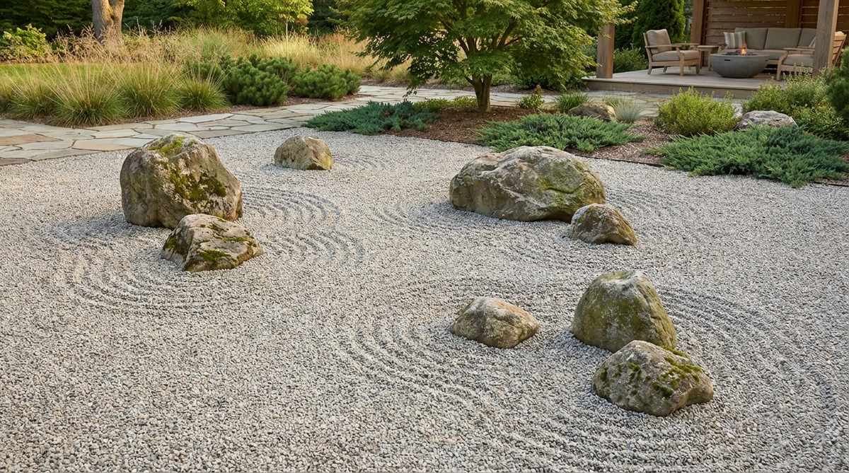 A zen garden arrangement featuring seven boulders distributed in an irregular pattern across a gravel field, mimicking natural island formations. The boulders vary in size, with 2-3 prominent islands and 4-5 smaller outcroppings, grouped loosely without obvious clusters. Gravel is raked in concentric circles around each island to represent rippling water, creating an expansive layout that encourages exploration of connections between elements, ideal for larger garden spaces with uninterrupted gravel areas.