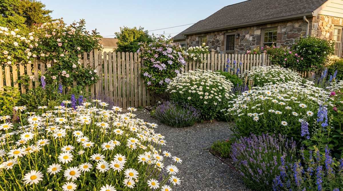 A vibrant image showing clusters of Shasta daisies with classic white petals and sunny yellow centers, planted in tight groups to create substantial white drifts in a small garden cottage setting, highlighting their role in anchoring cottage plant combinations.