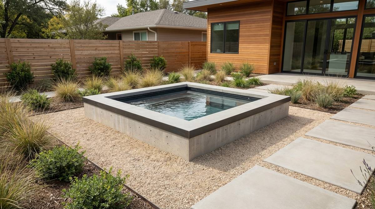 A contemporary square water basin with clean edges and precise right angles, representing minimalist design that bridges traditional Japanese aesthetics with modern architectural styles. The geometric form creates strong visual alignment with building foundations and property lines, shown here with concrete aggregate or crushed granite surrounds in a cohesive contemporary garden composition.