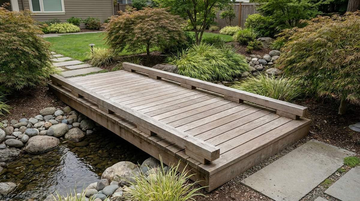A minimalist garden bridge featuring clean horizontal wooden planks supported by vertical posts, showcasing natural wood tones and exposed joinery. This understated design spans a narrow stream in a contemporary landscape, complementing Japanese-inspired gardens with its elegant craftsmanship and subtle crossing.