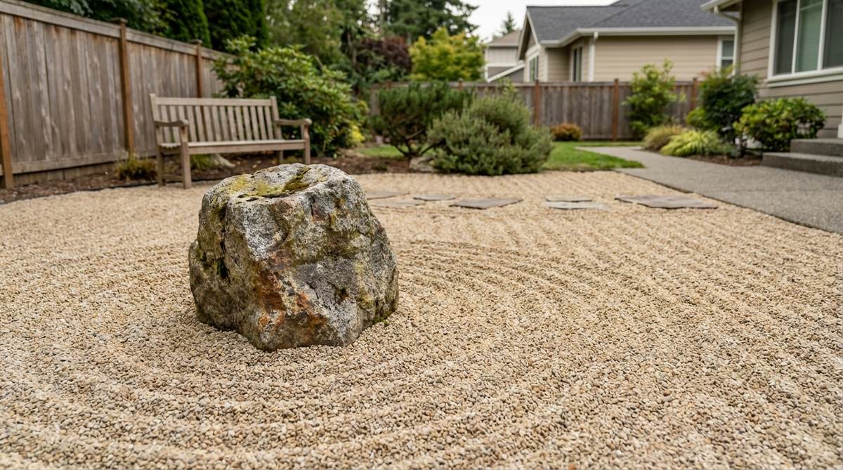 A minimalist Japanese garden composition featuring a single exceptional rock positioned according to the golden ratio within a gravel field, with simple parallel raking in the surrounding gravel to emphasize the stone's distinctive shape, weathering, and color.