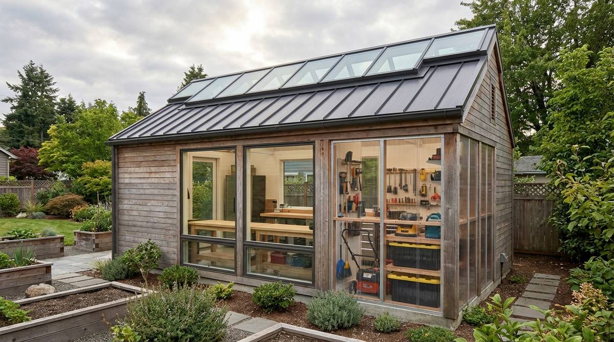 A modern garden shed workshop featuring a continuous skylight along the roof ridge, illuminating workbenches with overhead natural light. Polycarbonate panels with UV filtering protect stored tools and materials from degradation. The north-facing angle provides consistent illumination without harsh glare, eliminating shadows for precision technical work.