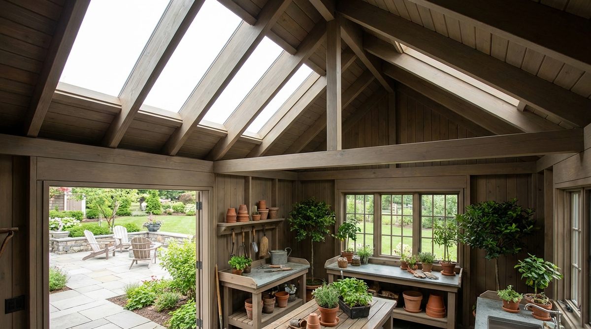 A vaulted ceiling with skylights in a contemporary garden shed, capturing natural light and enhancing interior volume without expanding the footprint.