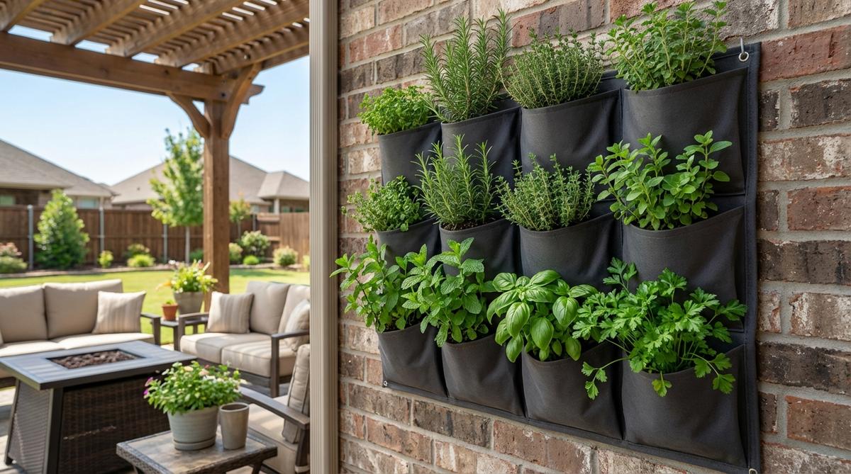 A vertical fabric or metal pocket garden system mounted on a wall, creating a living panel of staggered pockets filled with various herbs. This space-saving solution transforms blank walls into productive herb gardens, ideal for small kitchens and galley layouts where counter space is limited. The design features shallow-rooted herbs arranged by row for predictable maintenance, with thirstier plants positioned lower to catch runoff and drought-tolerant varieties placed higher up.