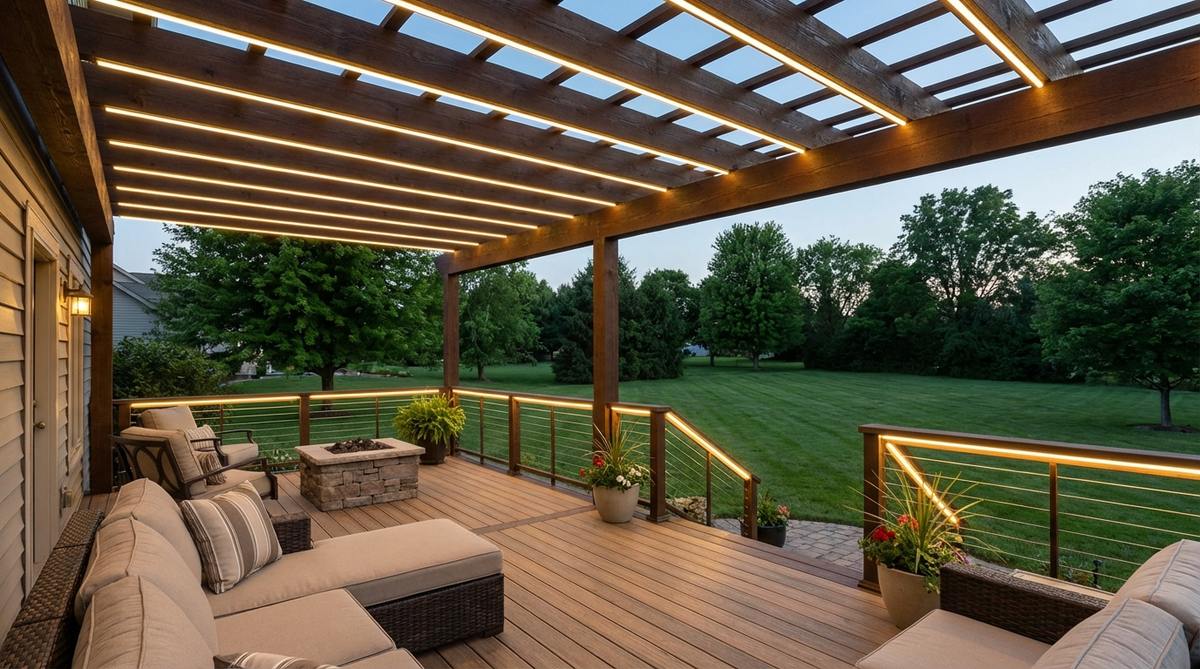 Flexible solar LED strip lights installed on deck railings and pergola beams, providing continuous illumination for outdoor entertaining spaces with adjustable brightness and lighting modes.
