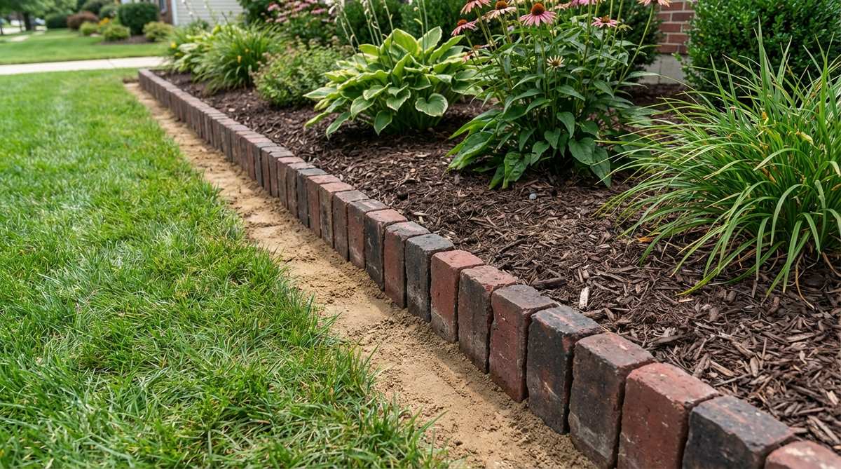 A close-up photo showing bricks arranged vertically on their narrow ends to create a raised border along a garden bed. The soldier course technique forms a 3-inch tall barrier containing mulch and preventing grass encroachment, with bricks set in a trench with compacted sand base and soil backfill for stability. This classic method provides formal definition to perennial borders and foundation plantings while using fewer bricks than horizontal edging.