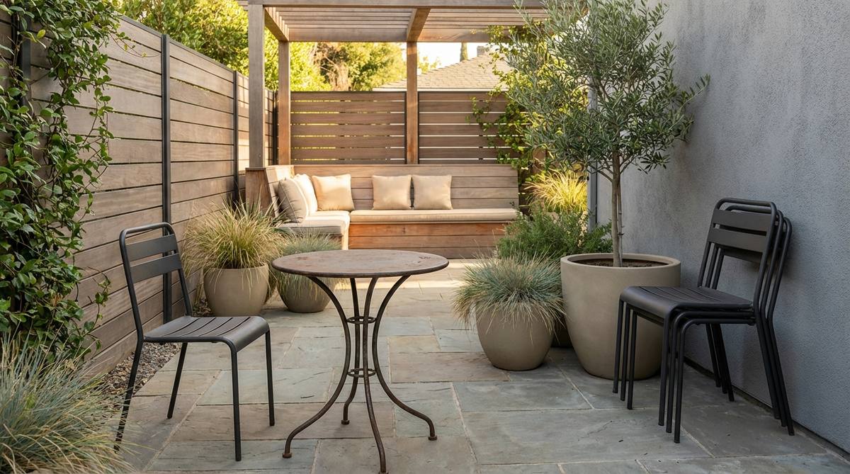 A contemporary garden setup featuring a slender café table with stackable metal or resin chairs, designed for compact courtyards. The chairs can be neatly stacked in a corner to free up space, while the table remains outdoors year-round with cohesive finishes for intentional design.