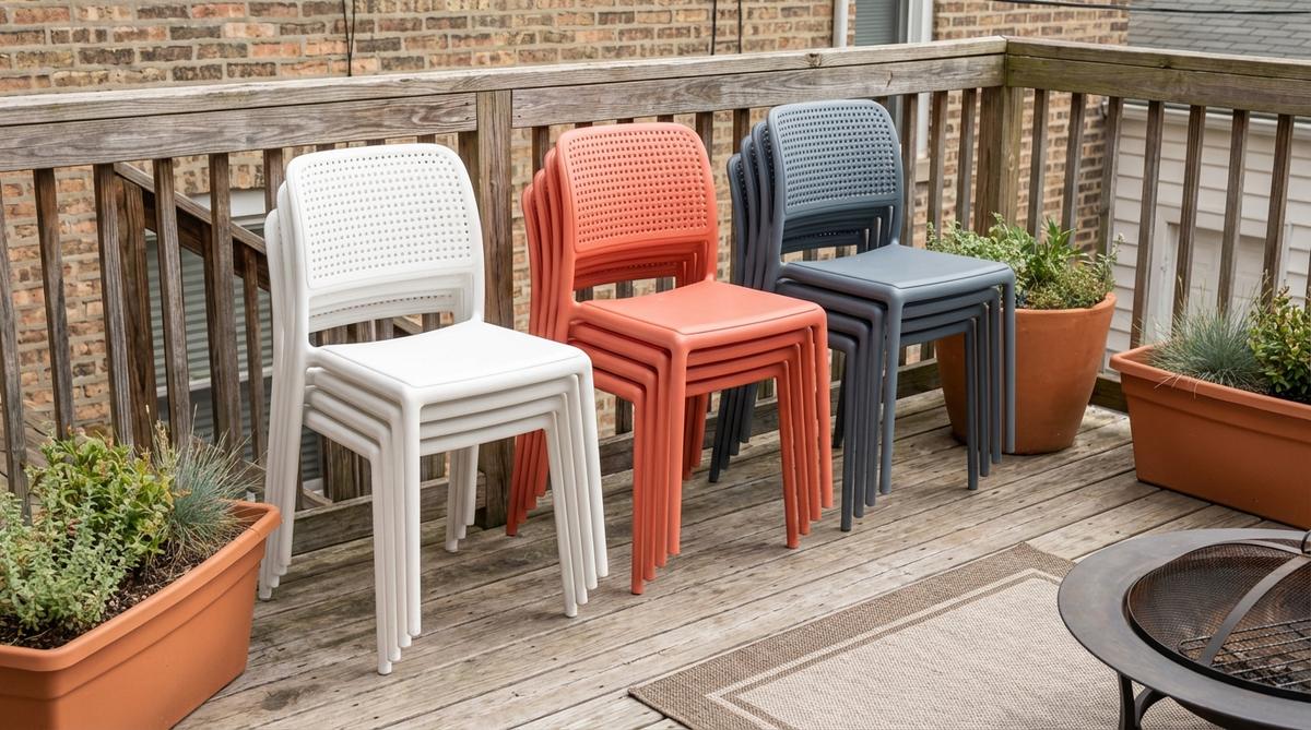 Commercial-grade polypropylene stackable chairs designed for urban balconies, featuring contoured seats, ventilated backs, and a lightweight, space-saving design that stacks up to five chairs high under 24 inches. These durable chairs support up to 300 pounds, resist staining, and are available in colors like white, coral, and slate gray, ideal for easy maintenance in urban environments.