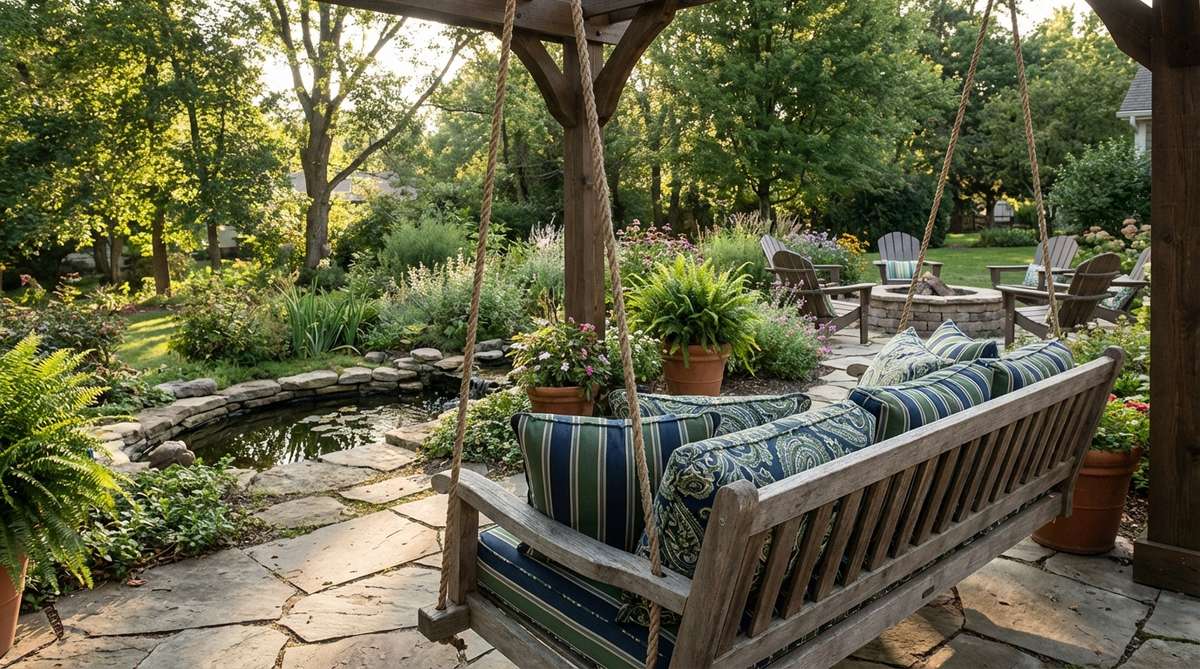 A wooden swing bench suspended by rope or chain, with weatherproof cushions in striped or paisley patterns, positioned to overlook garden views or near water features, enhancing relaxation with gentle rocking motion in a bohemian garden setting.