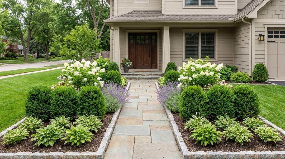 A symmetrical garden bed with matching evergreen shrubs, flowering plants, and perennial edging on both sides of a front door, creating balanced visual harmony and professional polish in a front yard design.