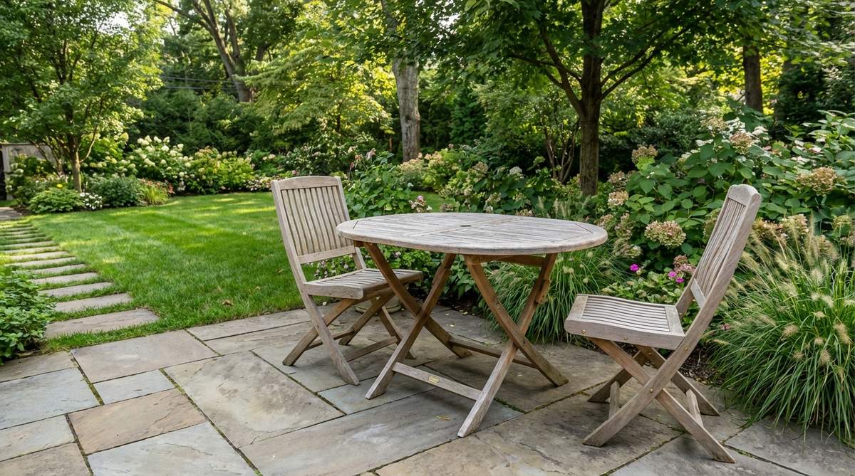 A teak folding oval bistro set, featuring natural teak wood that develops a silvery patina over time, with an oval table measuring 32x24 inches for more surface area. Includes pre-drilled drainage holes, natural oil resistance to mold and mildew, and brass hardware for corrosion-free folding in coastal or humid climates.