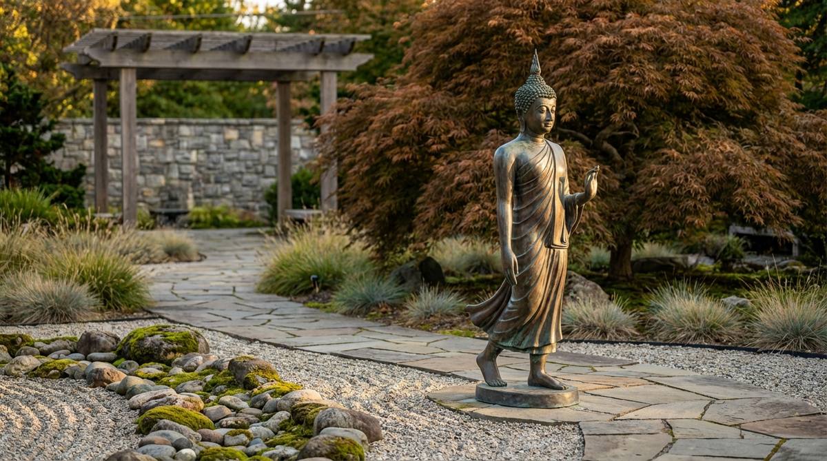 A bronze Thai Walking Buddha statue in a Zen garden, captured in a dynamic walking pose with one foot raised and robes flowing backward, symbolizing the active journey toward enlightenment. Positioned along a garden pathway to emphasize spiritual movement and mindfulness.