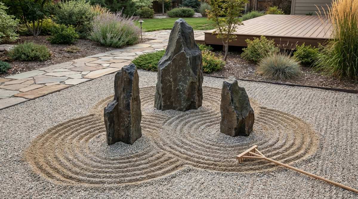 A traditional zen garden composition featuring three vertically oriented rocks of varying heights forming a triangular arrangement. The tallest stone represents a mountain peak, with two shorter stones providing visual support and balance. The rocks are positioned with careful attention to negative space, surrounded by raked sand patterns that suggest erosion and the passage of time. This classic arrangement demonstrates the principles of balance, asymmetry, and natural harmony in Japanese garden design.