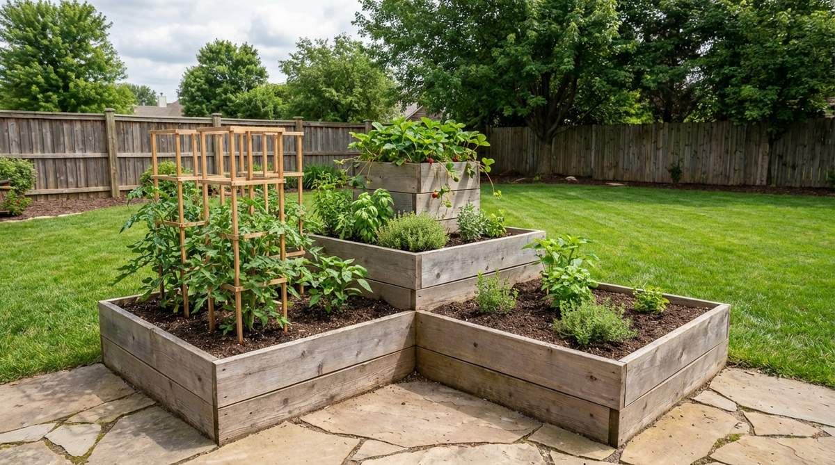 A three-tier cascade bed with progressively smaller levels creating a stepped pyramid effect, built from cedar or composite decking boards. The bottom tier measures 4x4 feet, middle tier 3x3 feet, and top tier 2x2 feet, featuring deep-rooted vegetables like tomatoes in the bottom and herbs or strawberries in the upper levels for optimal drainage and space efficiency in a mini garden.
