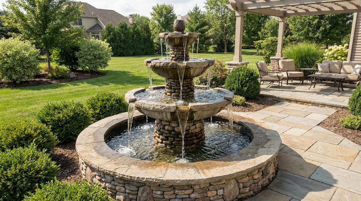 A three-tier stone garden fountain with progressively larger basins, creating dramatic vertical presence in expansive landscapes. Heights range from 50 to 72 inches, requiring substantial footprints and reinforced foundations. Each tier produces distinct sounds: high-pitched trickling from the top, midrange splashes from the middle, and deep pool resonance from the bottom, mimicking natural waterfalls. Positioned as a focal point in gardens, visible from multiple vantage points, with vertical water movement that attracts attention across large properties.