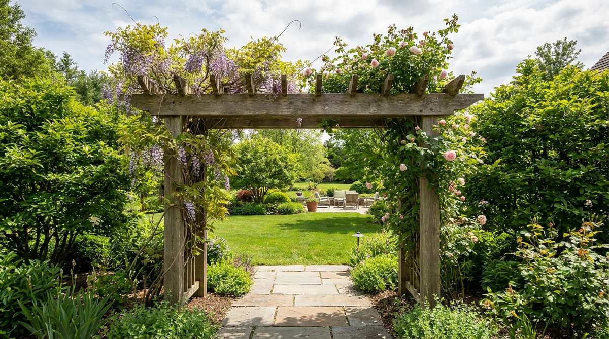 An arch or pergola crossbeam installed at a transition point between garden zones, creating a vertical frame that partially obscures the view beyond and signals passage from one garden room to another.