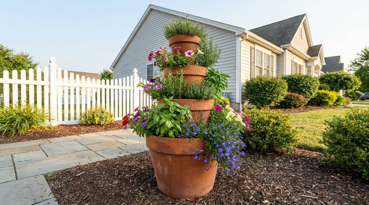 A vertical garden display featuring stacked pots of decreasing sizes, planted with herbs and cascading flowers, demonstrating space-saving gardening techniques for small front gardens.