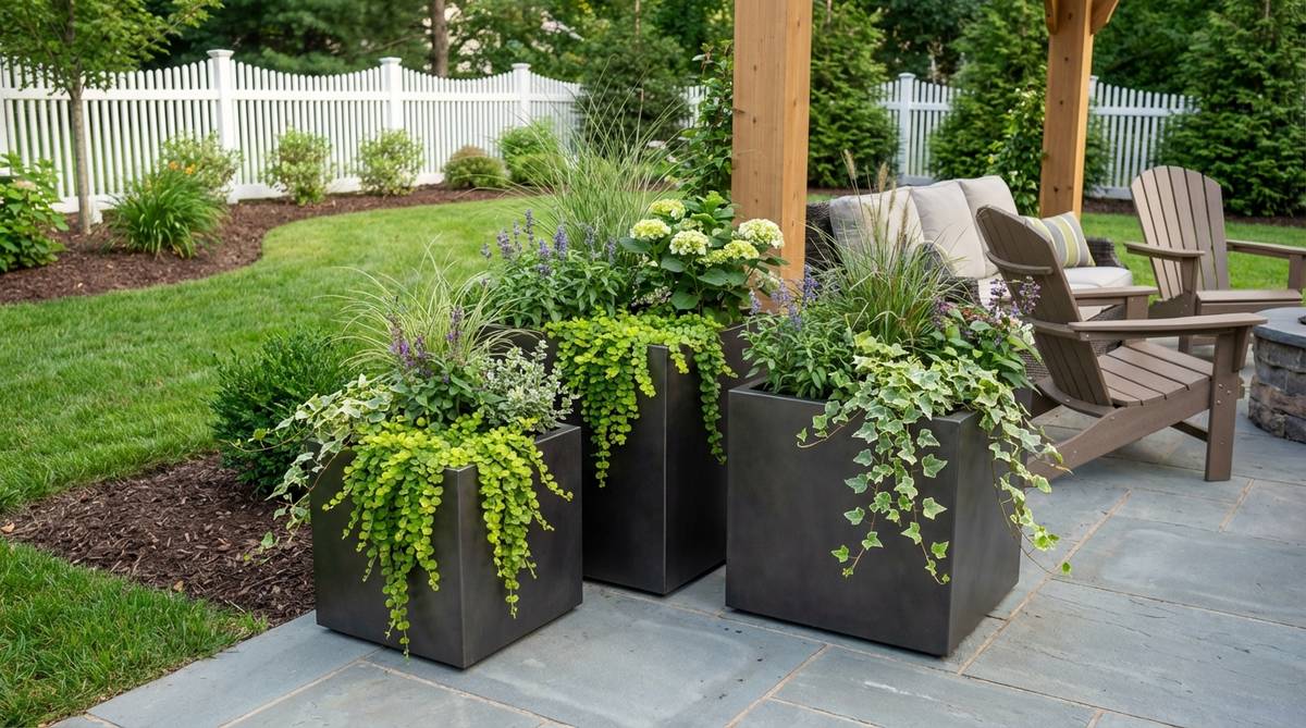 A set of graduated cube planters in 16, 20, and 24-inch sizes arranged to create dimensional displays with cascading and upright plants for visual interest in outdoor spaces.