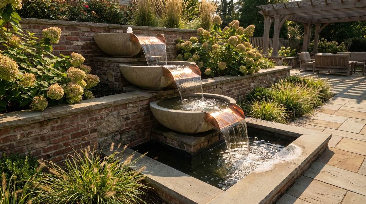 A tiered wall fountain featuring multiple stacked basins connected by curved copper spillways that create cascading water flow. The copper elements catch sunlight to produce glinting highlights, while the multi-drop design amplifies water sounds in courtyard settings.