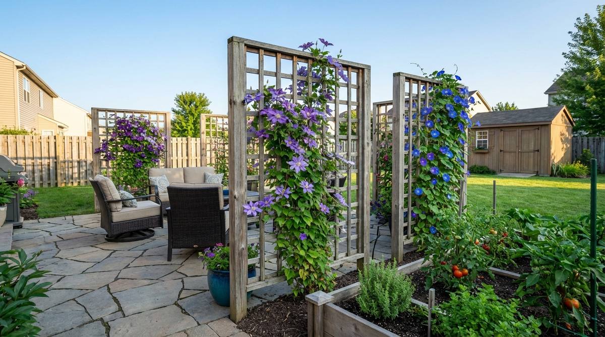 Freestanding trellis panels supporting climbing plants like clematis and morning glory, dividing a small garden backyard into functional zones with vertical structure and optimal 3-4 inch grid spacing.