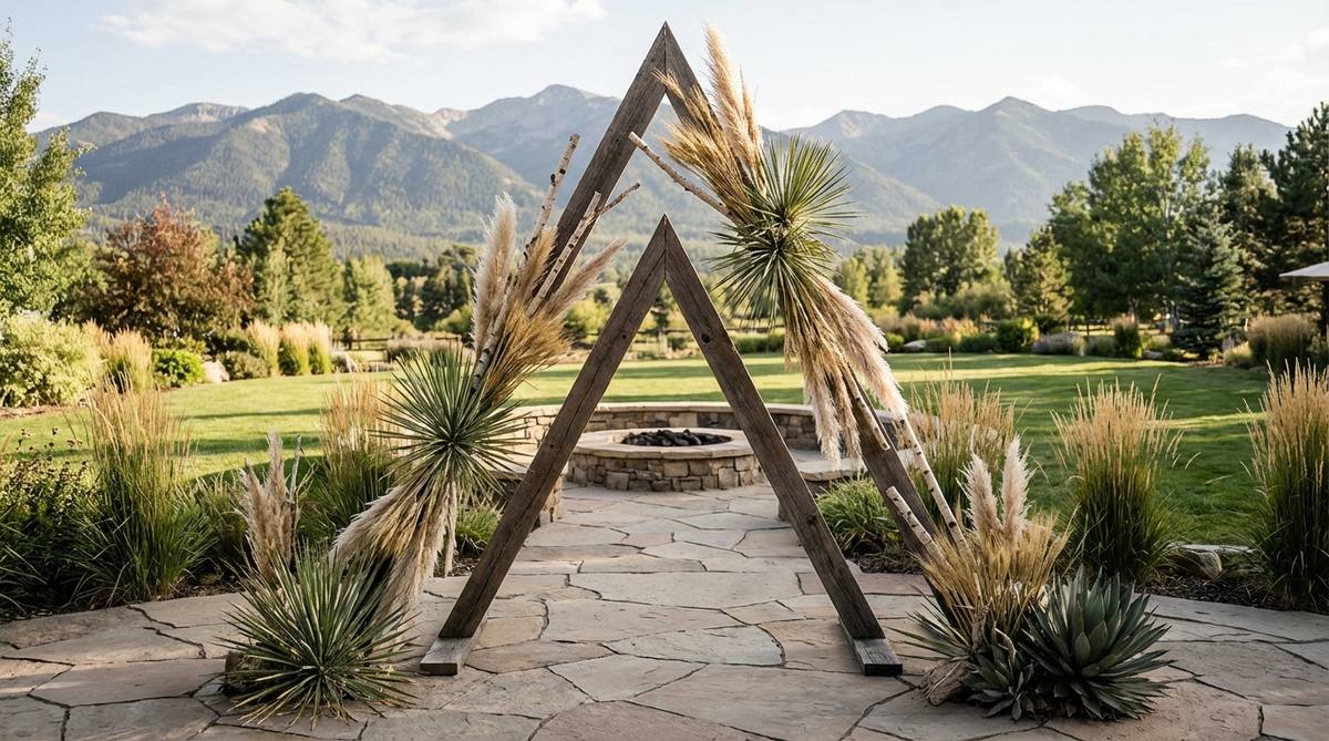 A triangular outdoor wedding structure with spiked botanical accents, featuring angular frames enhanced by linear pampas plumes, grasses, and branches that follow the geometric lines. The design emphasizes angularity with floral elements positioned along edges, suitable for mountain vistas or architectural backgrounds.