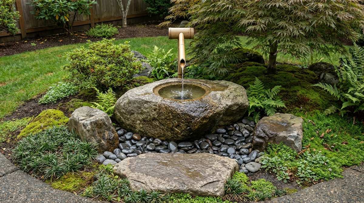A traditional Japanese tsukubai stone water basin used for ritual hand washing before tea ceremonies. The low granite basin with carved mizuana water hole is positioned 12-18 inches above ground, fed by a bamboo spout with continuous water flow. Three accompanying stones—maeishi (front stepping stone), yuoke-ishi (hot water vessel stone), and teshoku-ishi (candle stone)—complete the arrangement. Cobblestone drainage area in front with hidden recirculating pump system maintains authentic water flow.