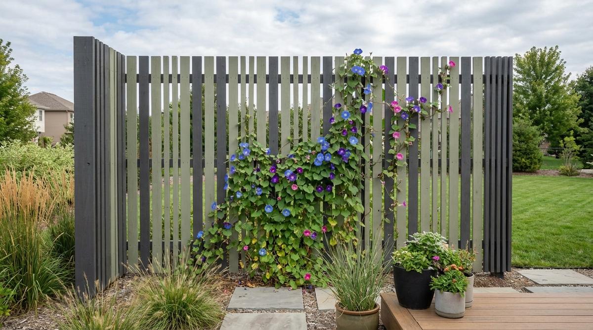 A modern garden trellis featuring vertical wood slats in varying widths, stained in contemporary colors like charcoal gray or sage green, used as a property line screen or garden room divider with climbing plants like morning glories.