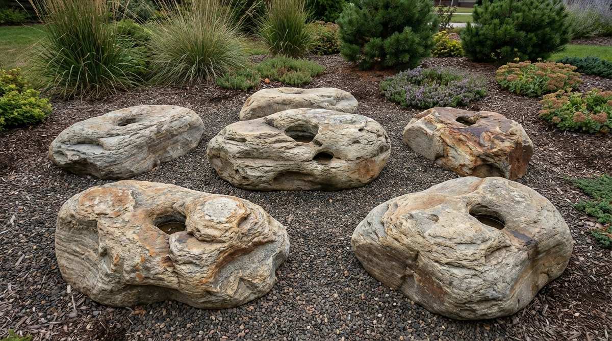 A contemplative arrangement of five to seven naturally eroded stones, showing layers, holes, and sculptural shapes formed by wind and water, partially buried for natural placement in a stone garden.