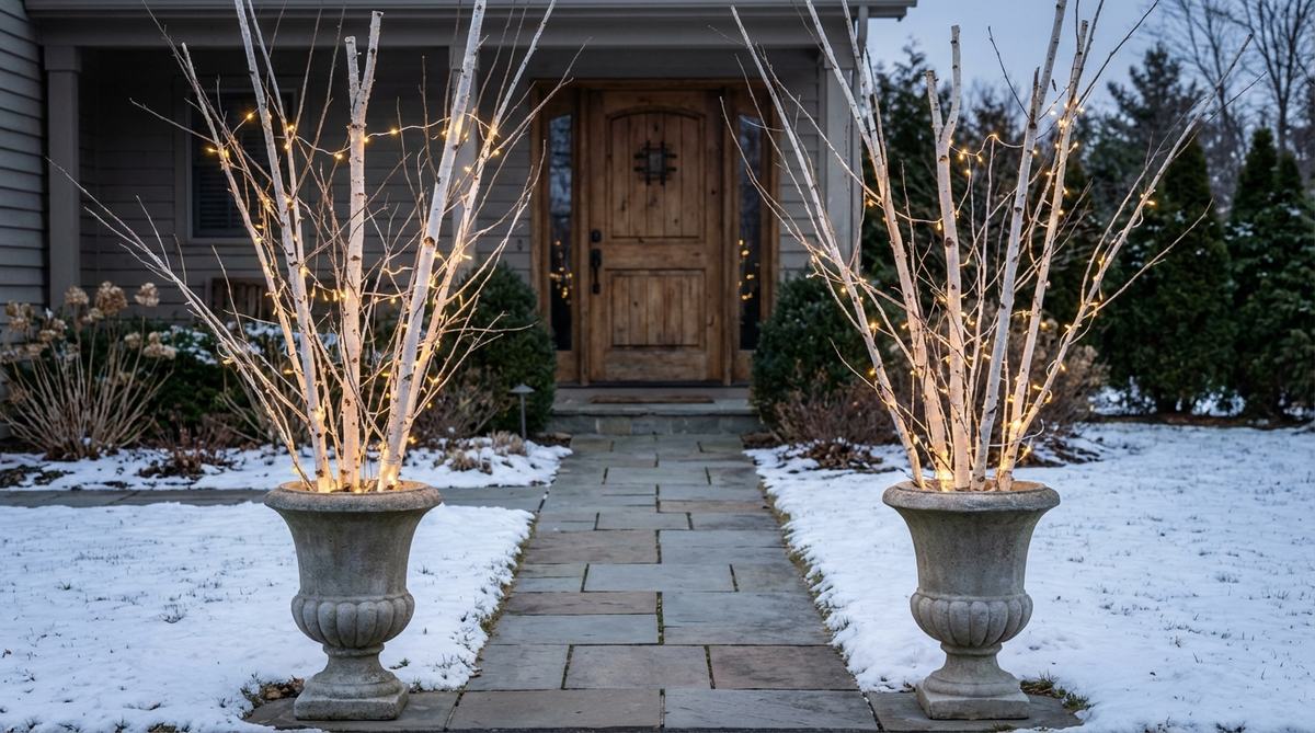 Tall white birch branches arranged in weighted floor urns near an entryway, with delicate twigs creating airy silhouettes and solar-powered micro lights wrapped around branches for evening glow in winter outdoor decor.