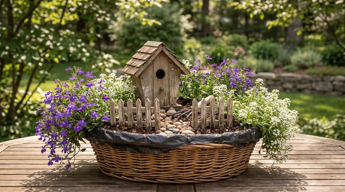 A rustic miniature garden in a shallow wicker basket lined with plastic sheeting and filled with potting soil. Features purple lobelia and white alyssum cascading over the edges, with a central vignette of a miniature birdhouse and wooden fence sections. Perfect for farmhouse or cottage-style miniature garden decor.